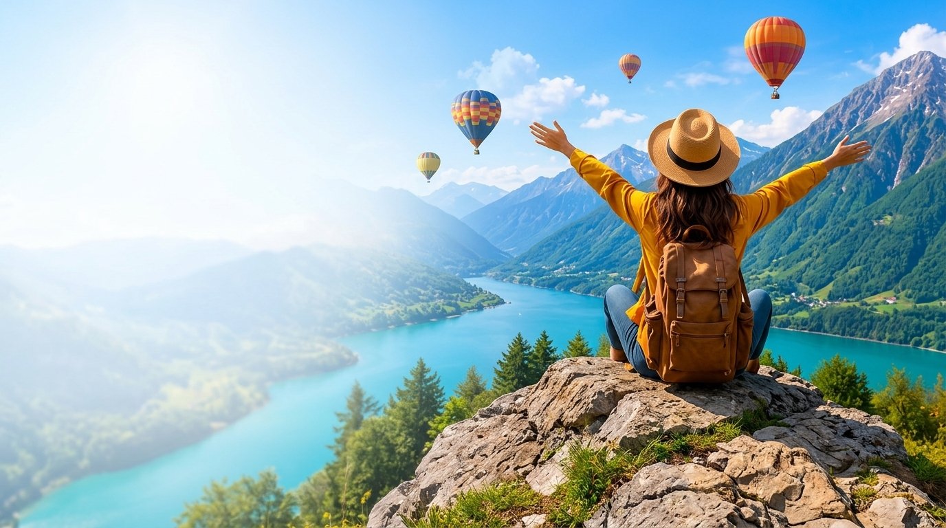 Scenic travel destination view with mountains, lake and balloons
